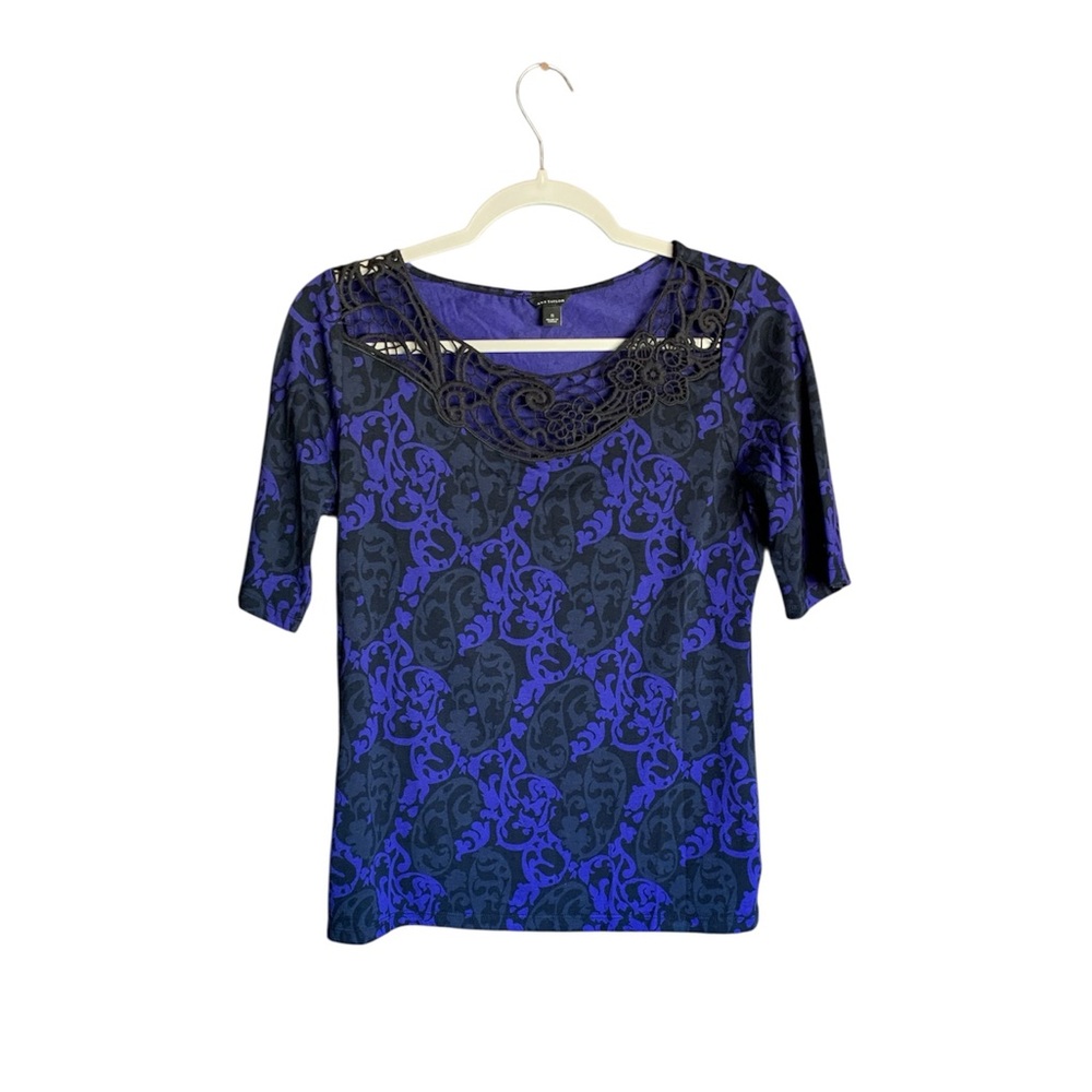 Purple Black Ann Taylor Baroque Print Top Tunic Size Small Gothic Crochet Office